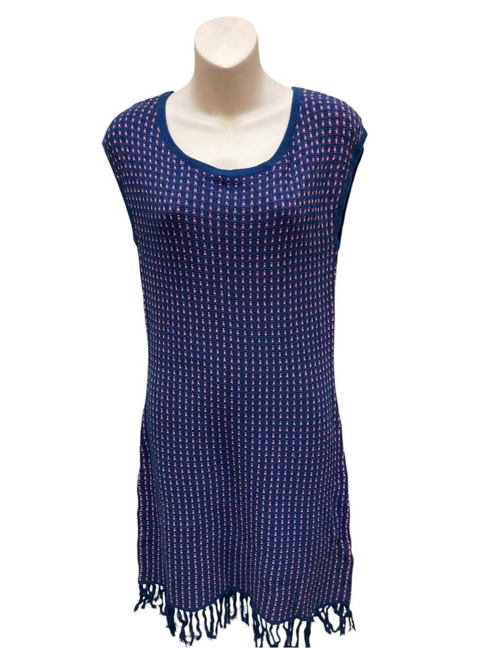 NWT Trina Turk Open Knit Sweater Dress Navy Pink Fringe Hem Cover Up Size Small